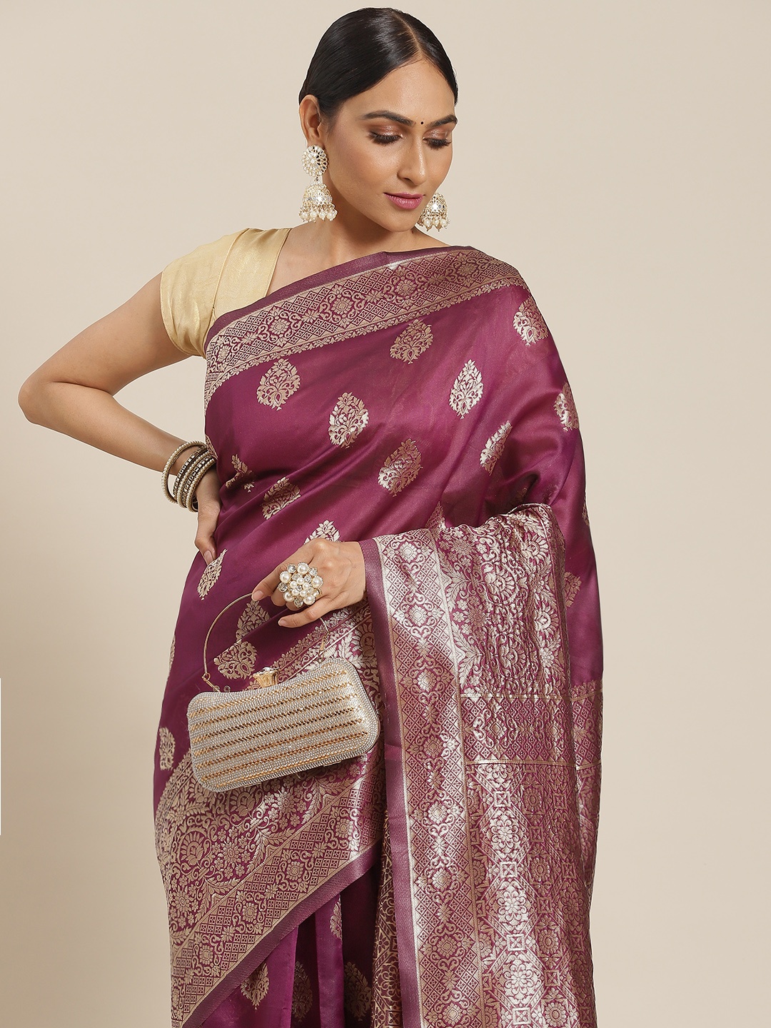 

Mitera Purple & Golden Ethnic Motifs Silk Blend Banarasi Saree