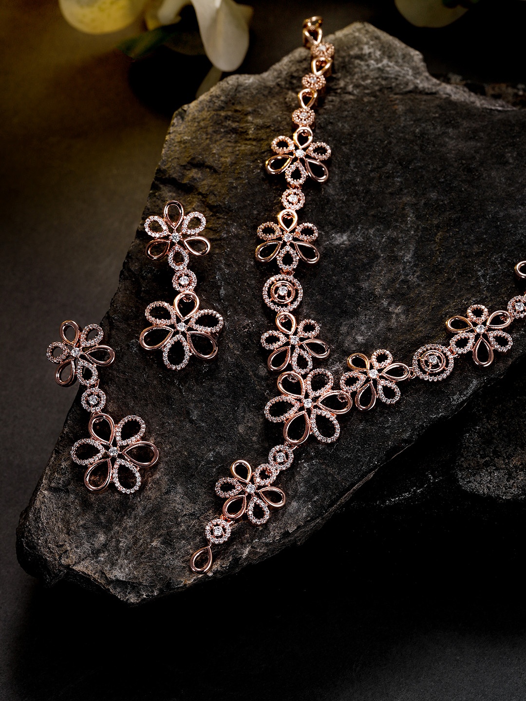 Peora Rose Gold-Plated CZ-Studded Floral Jewellery Set