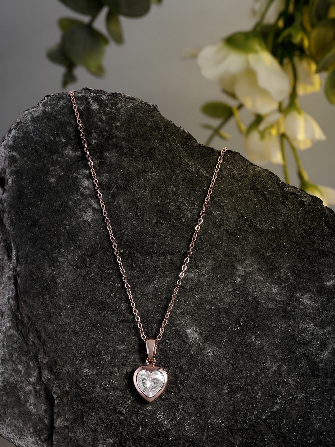 

Peora Rose Gold Plated CZ Studded Heart Shaped Pendant with Chain