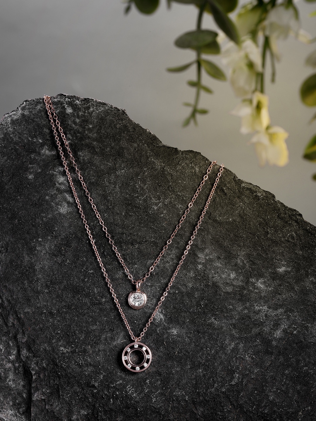 

Peora Rose Gold-Plated CZ Studded Circle Pendant with Chain