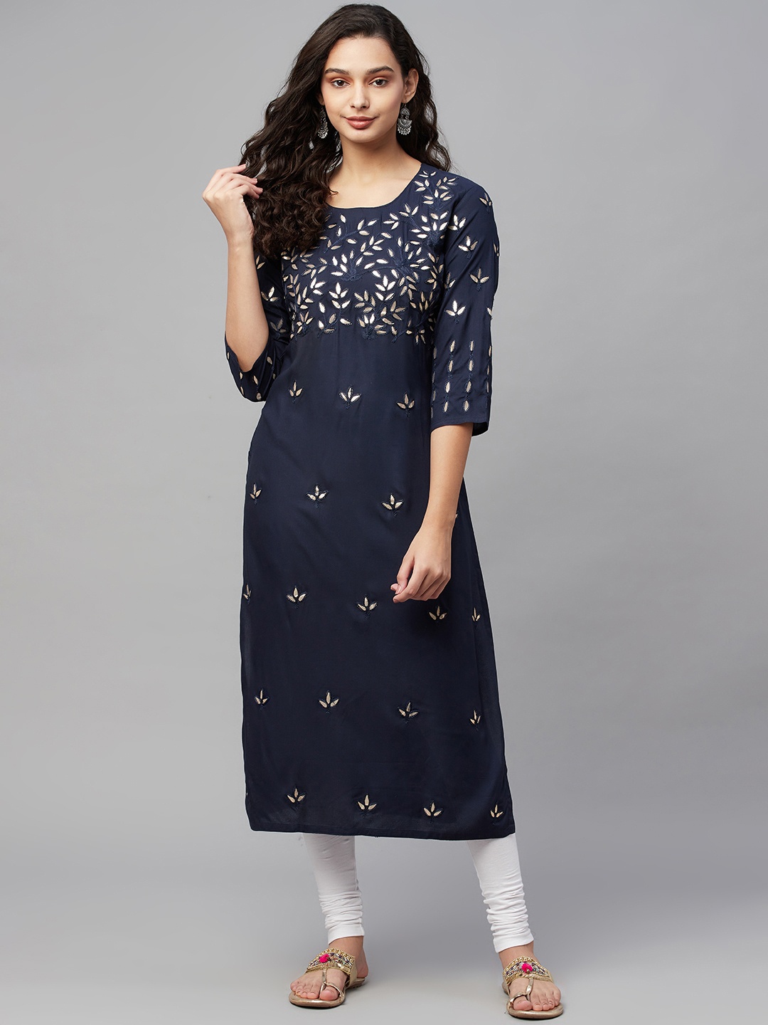 

AMIRAS INDIAN ETHNIC WEAR Women Navy Blue Embroidered Gotta Patti Kurta with Churidar