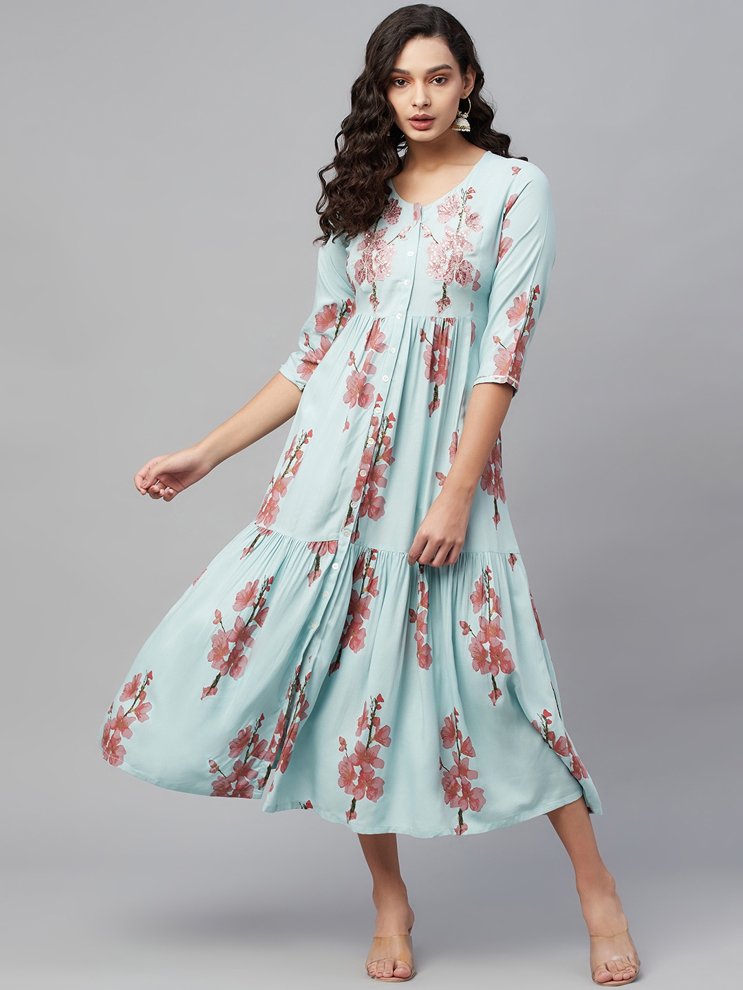 

AMIRAS INDIAN ETHNIC WEAR Turquoise Blue Floral Ethnic Midi Dress