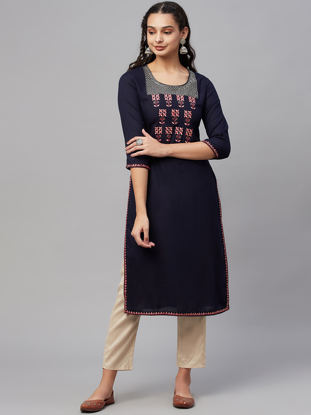 

AMIRAS INDIAN ETHNIC WEAR Women Navy Blue Ethnic Motifs Yoke Design Kurta