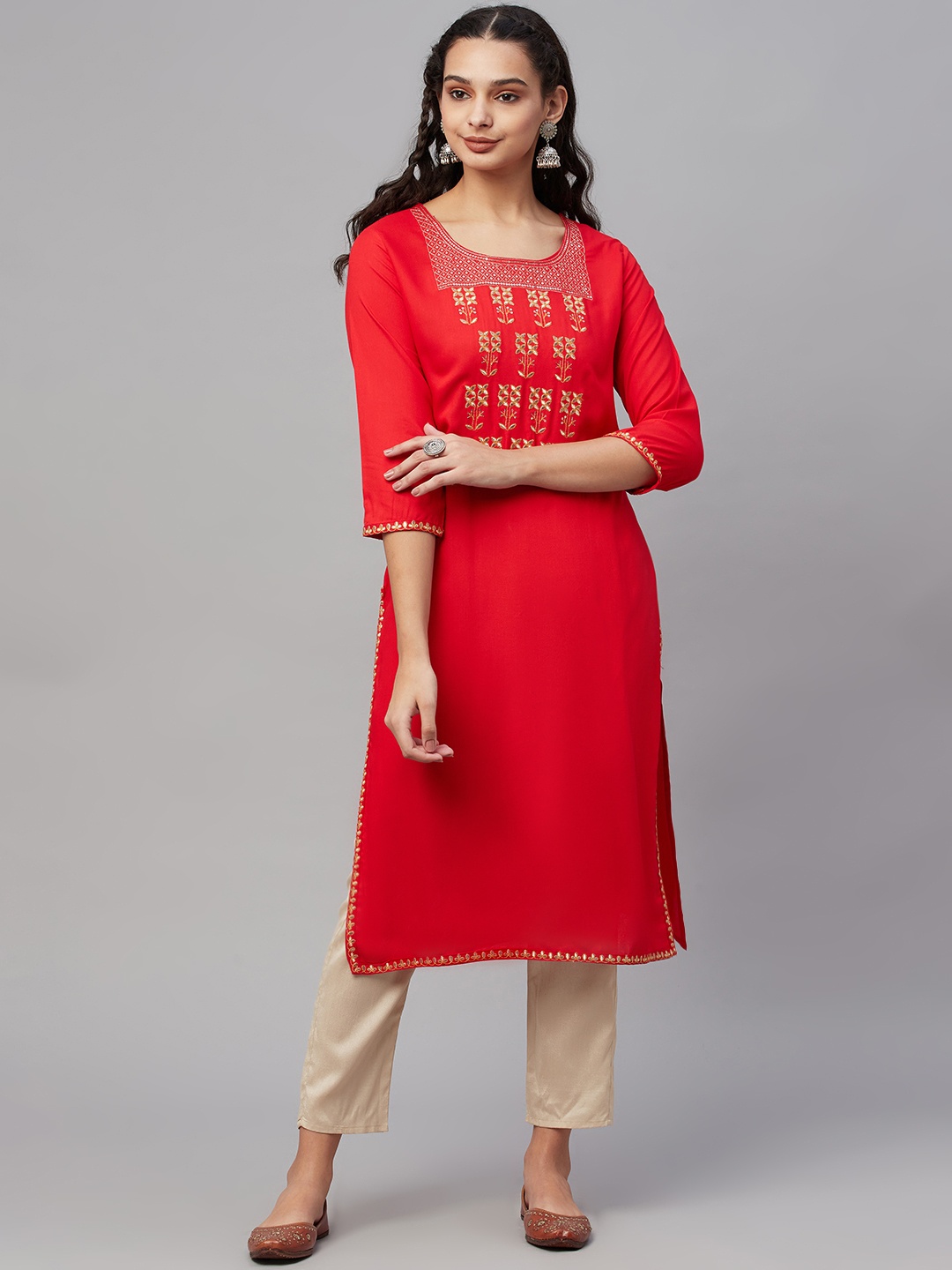 

AMIRAS INDIAN ETHNIC WEAR Women Red & Golden Ethnic Motifs Yoke Design Kurta