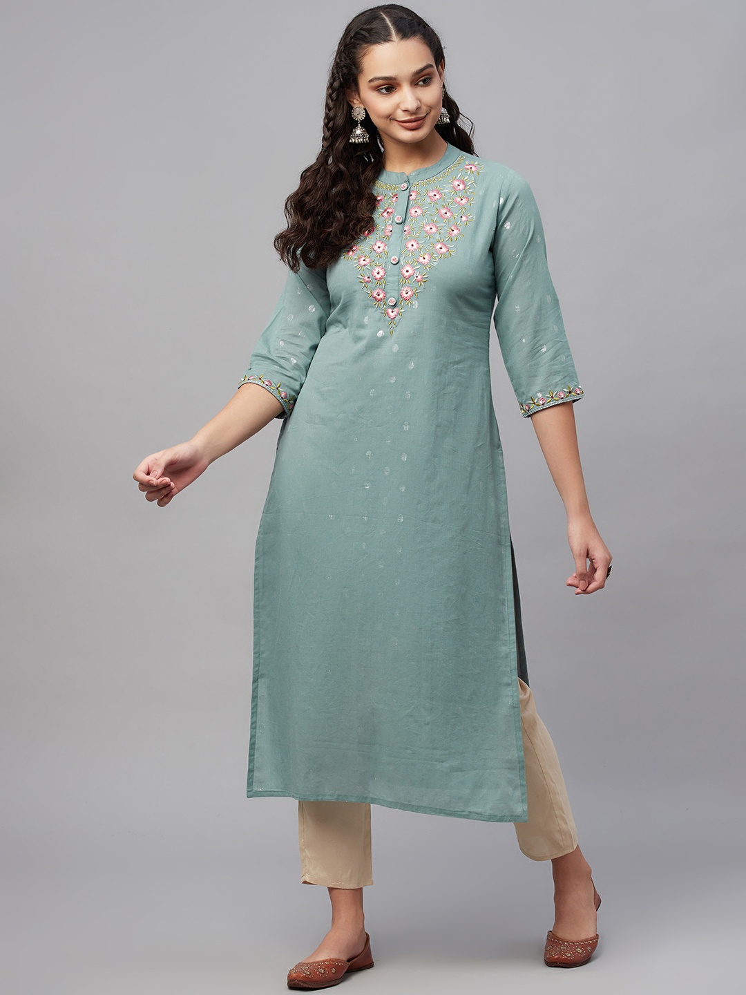 

AMIRAS INDIAN ETHNIC WEAR Women Teal Green Ethnic Motifs Yoke Design Kurta