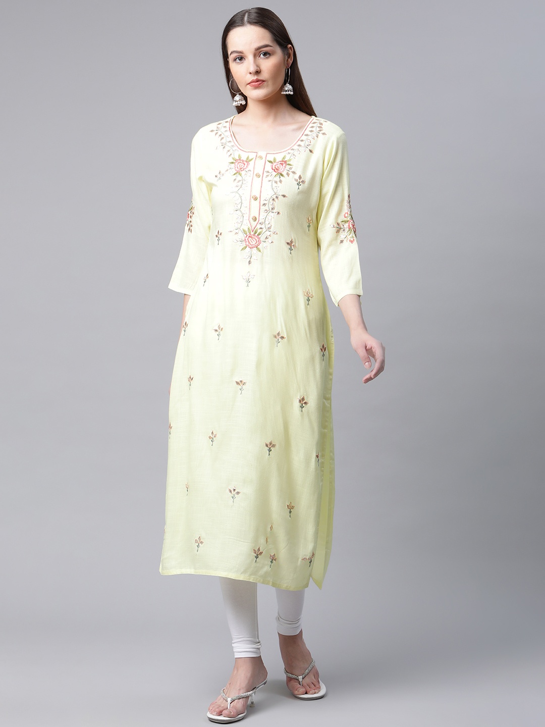 

AMIRAS INDIAN ETHNIC WEAR Women Yellow Floral Embroidered Thread Work Kurta
