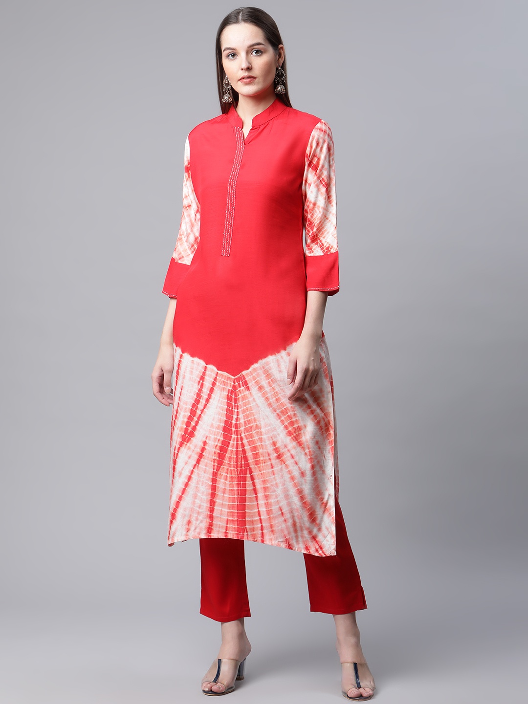 

AMIRAS INDIAN ETHNIC WEAR Women Red Printed Kurta with Trousers