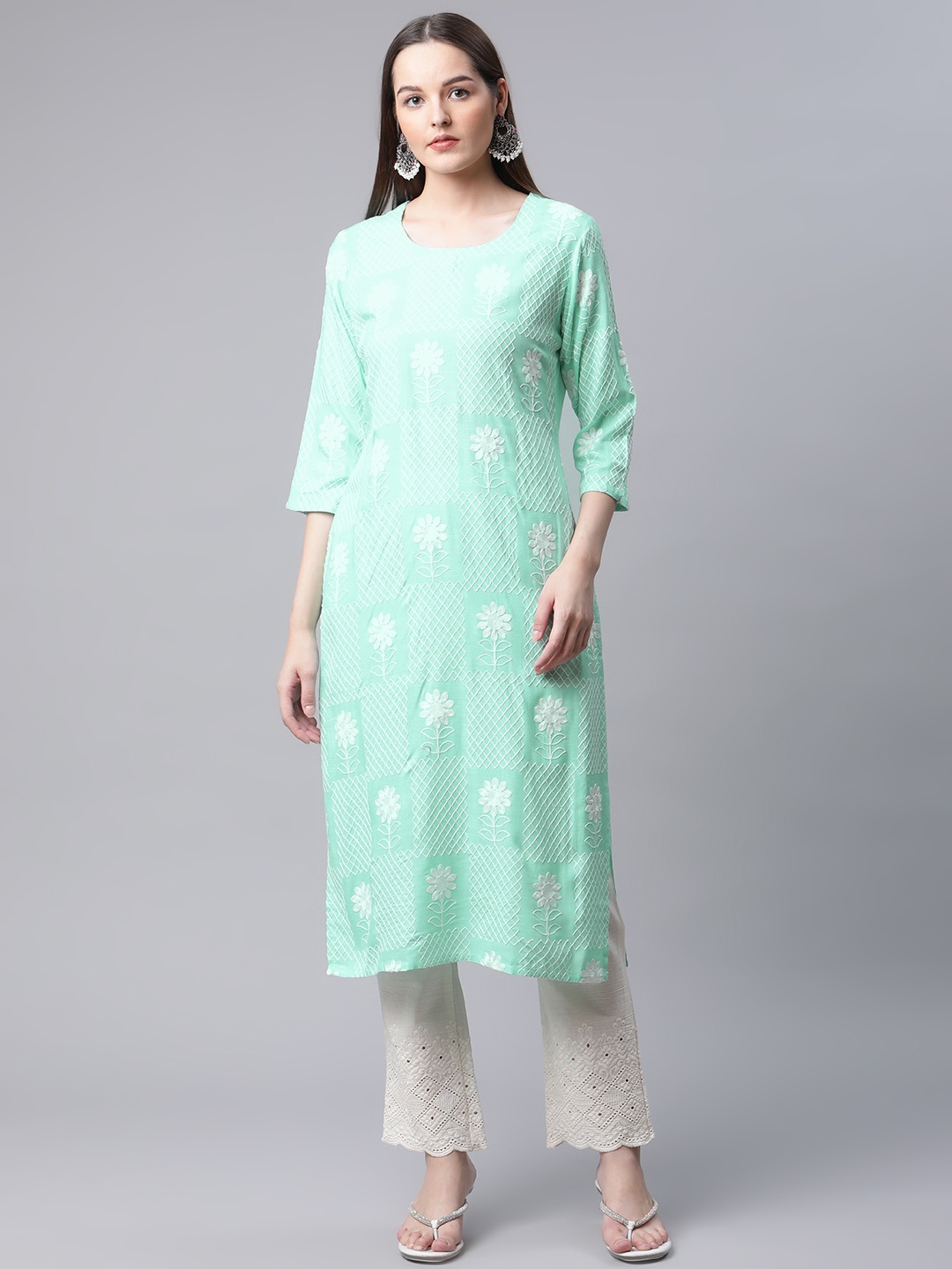 

AMIRAS INDIAN ETHNIC WEAR Women Turquoise Blue Floral Kurta with Trousers