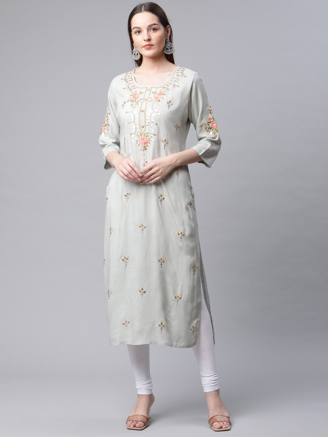 

AMIRAS INDIAN ETHNIC WEAR Women Grey Floral Yoke Design Kurta