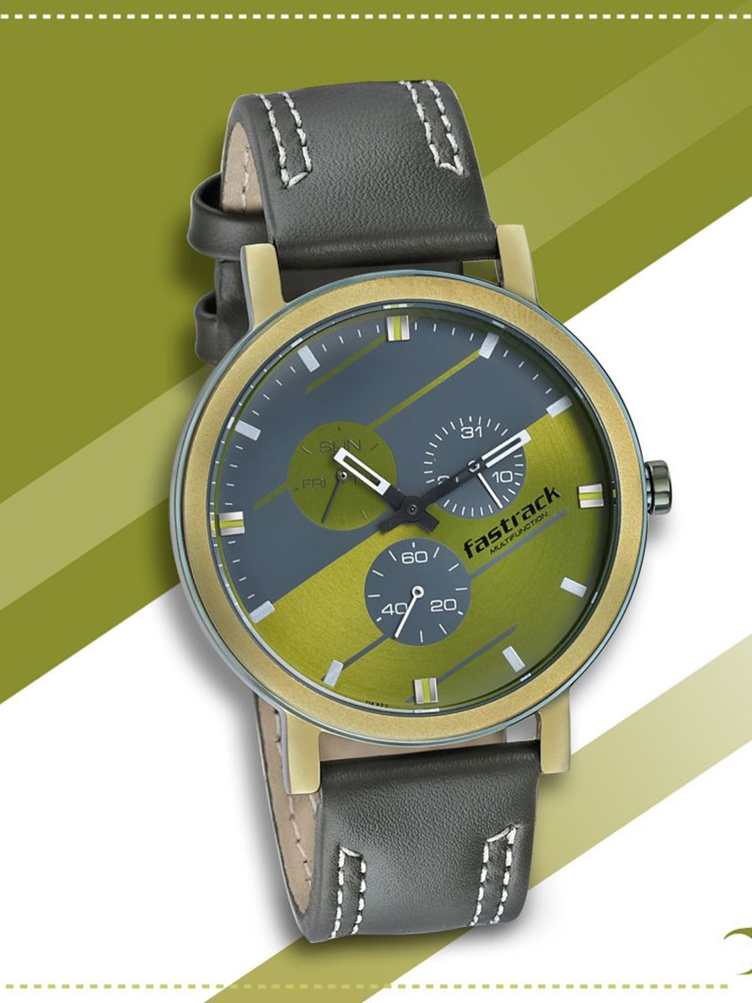 

Fastrack Men Green Brass Printed Dial & Green Leather Straps Analogue Watch 3238QL01