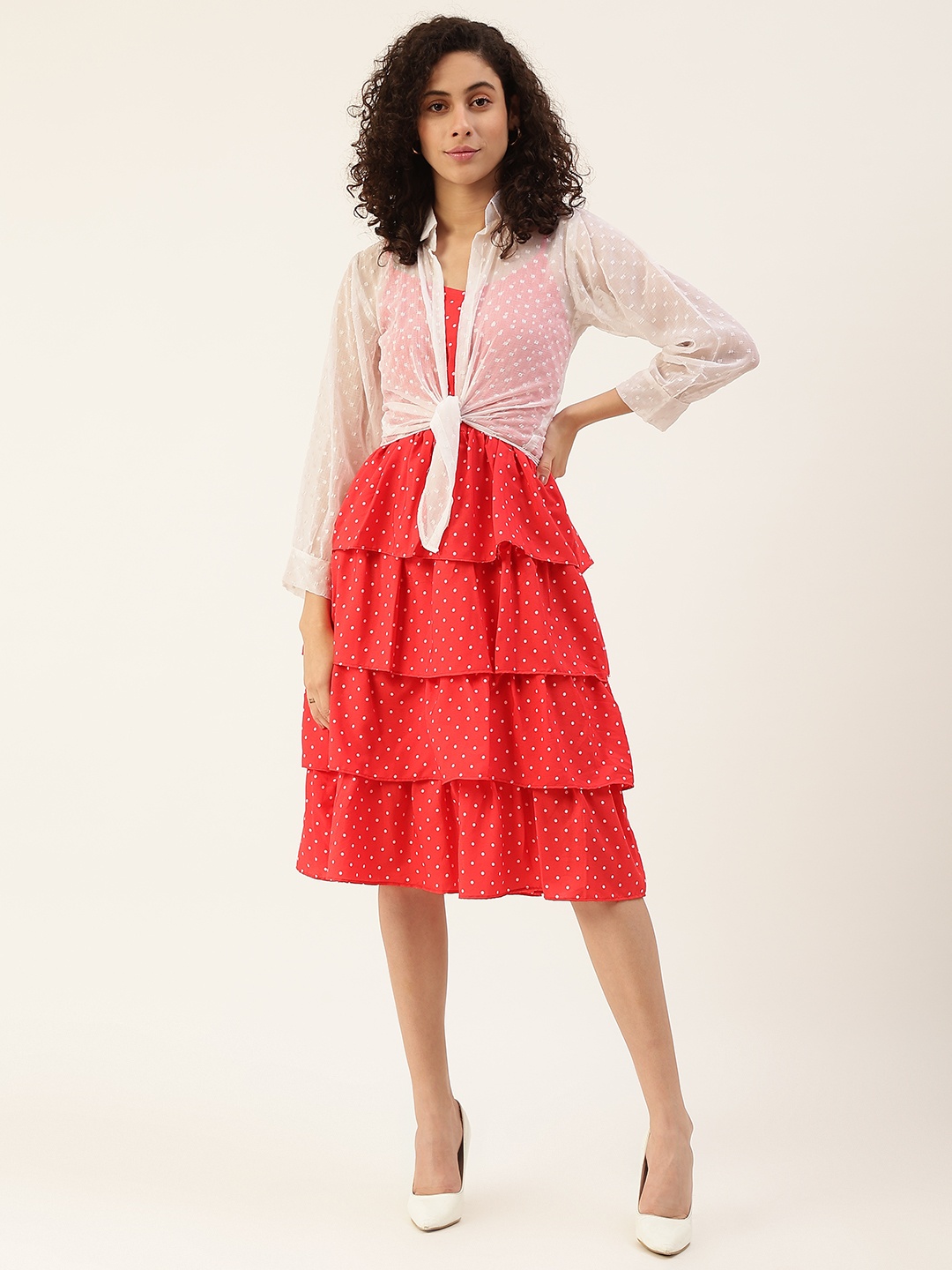 

VAABA Women Red & White Printed Layered A-Line Dress with Shirt
