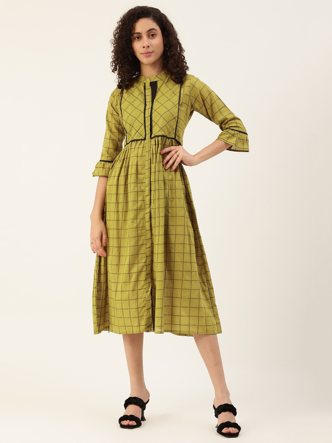 

VAABA Women Mustard Yellow & Black Checked Pure Cotton A-Line Midi Dress