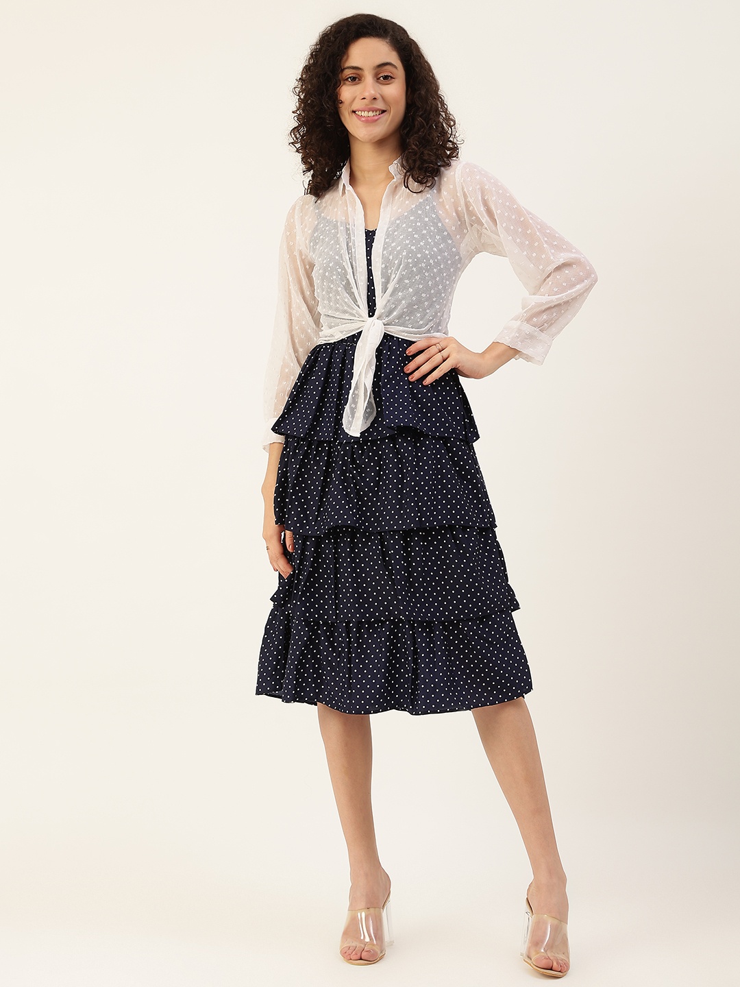 

VAABA Women Navy Blue & Off White Printed Layered A-Line Dress with Shirt
