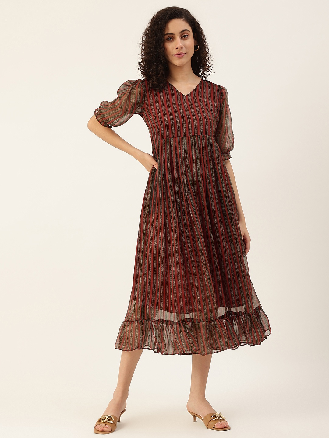 

VAABA Women Maroon & Black Striped Chiffon A-Line Midi Dress