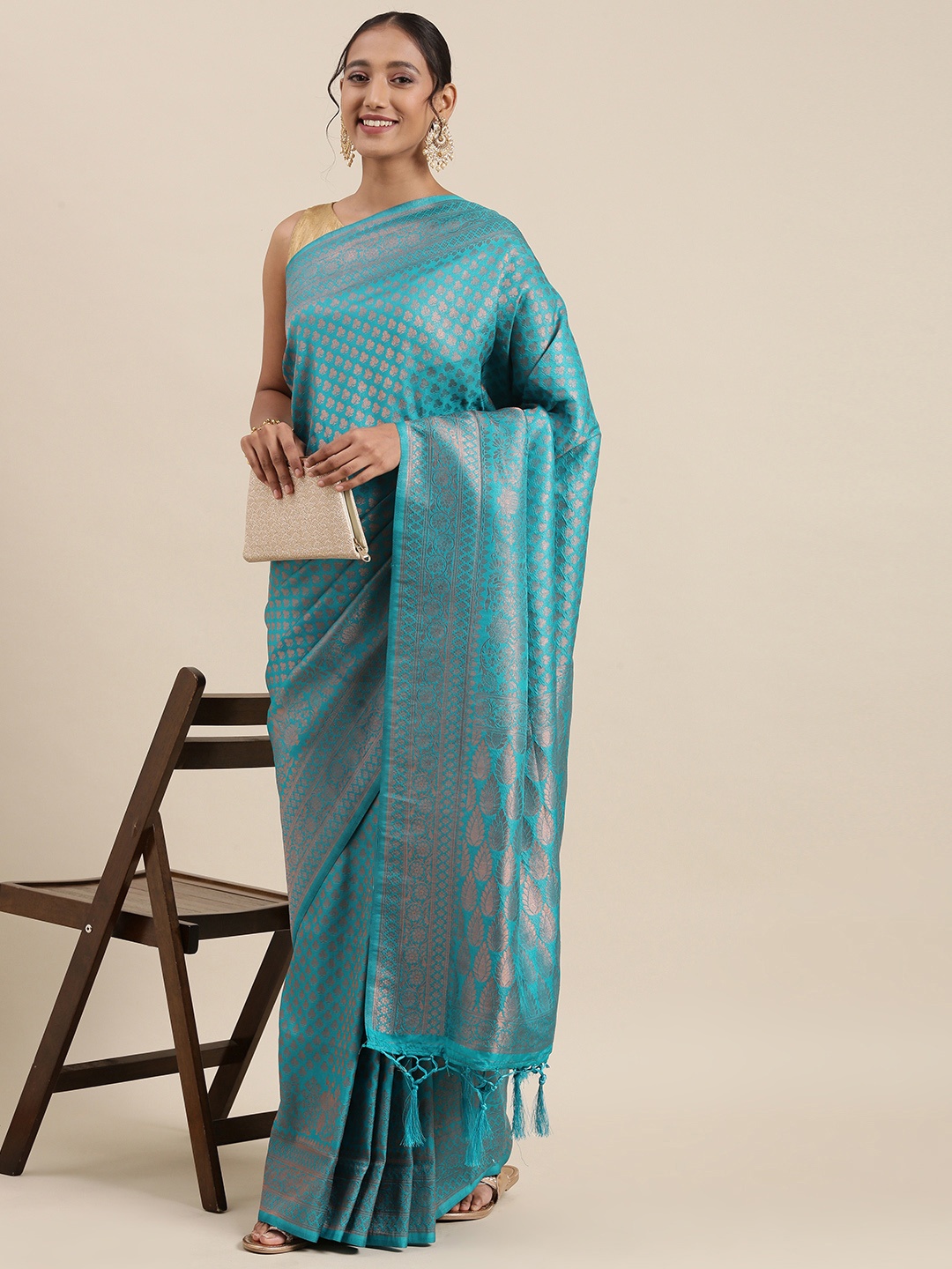 

Pothys Sea GreenBlue & Golden Ethnic Motifs Art Silk Banarasi Saree, Sea green