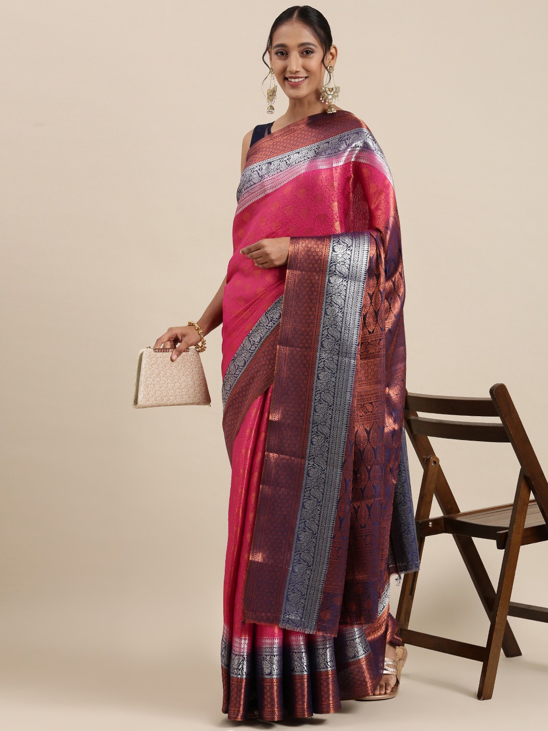

Pothys Pink Ethnic Motifs Art Silk Banarasi Saree
