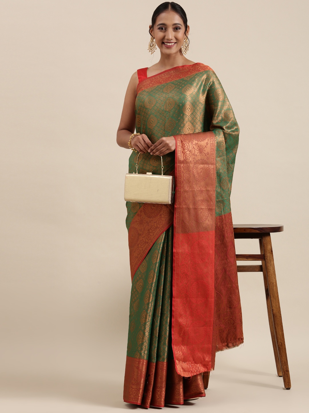 

Pothys Green & Golden Ethnic Motifs Art Silk Banarasi Saree