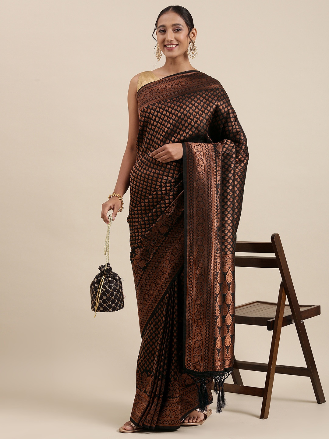 

Pothys Black & Beige Ethnic Motifs Art Silk Banarasi Saree