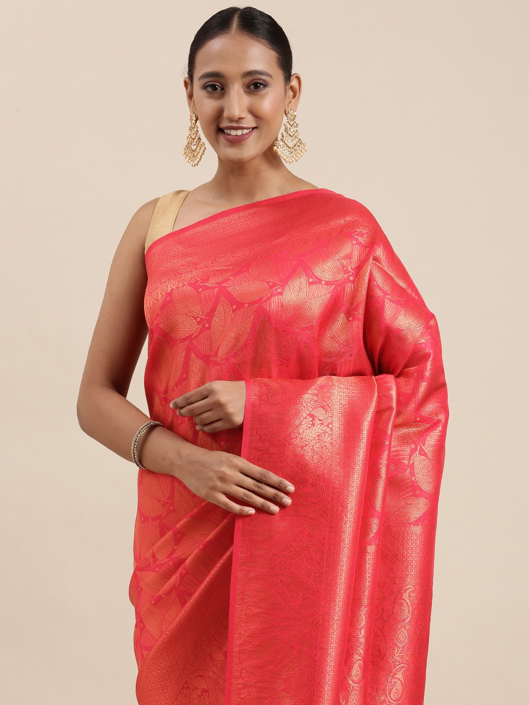 

Pothys Red & Golden Ethnic Motifs Zari Art Silk Banarasi Saree