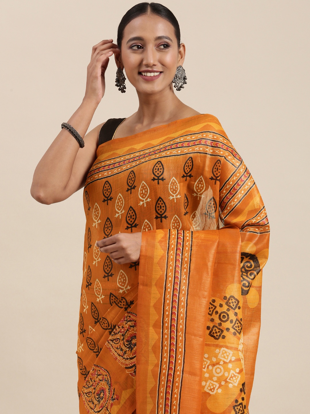 

Pothys Orange Ethnic Motifs Print Jute Silk Saree