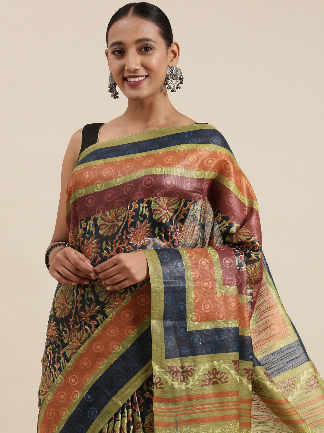 

Pothys Navy Blue & Orange Ethnic Motifs Print Jute Silk Saree