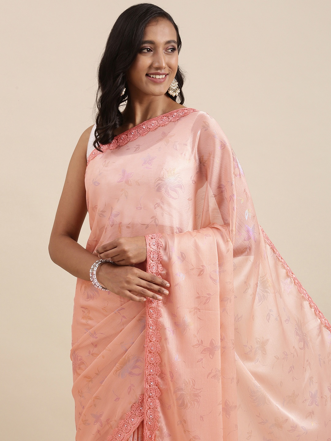 

Pothys Peach-Coloured Floral Sequinned Pure Chiffon Saree