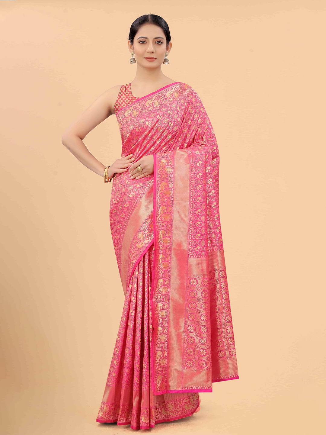 

Silk Land Pink & Gold-Toned Woven Design Zari Pure Silk Banarasi Saree