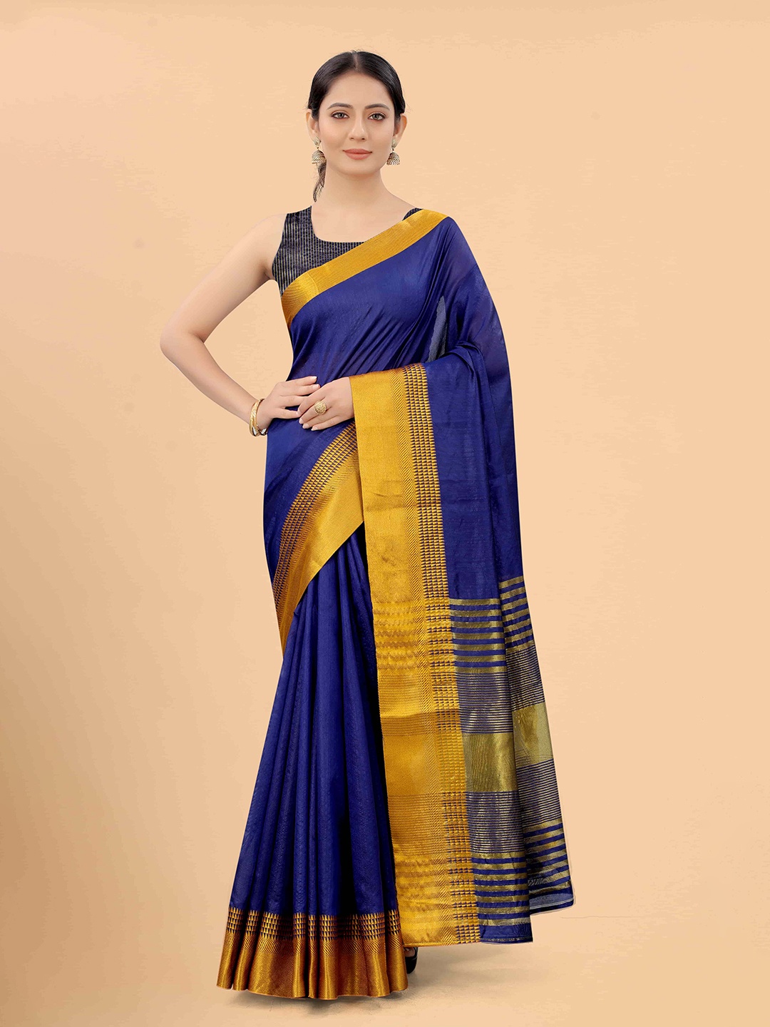 

Silk Land Navy Blue & Gold-Toned Silk Blend Banarasi Saree