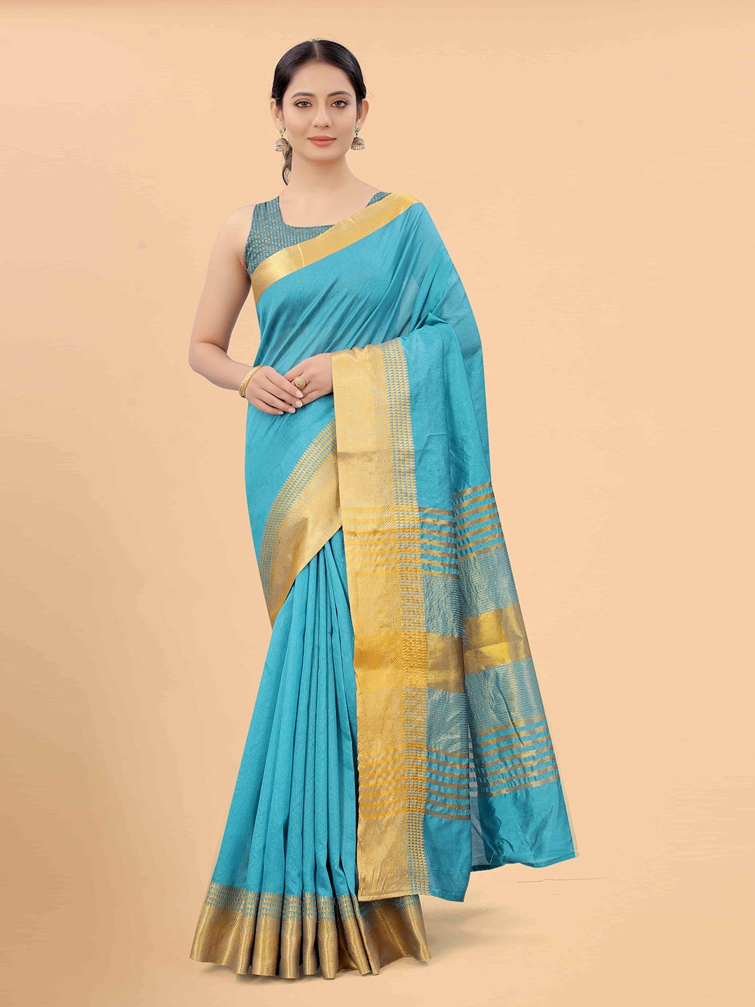 

Silk Land Turquoise Blue & Golden Zari Silk Blend Banarasi Saree