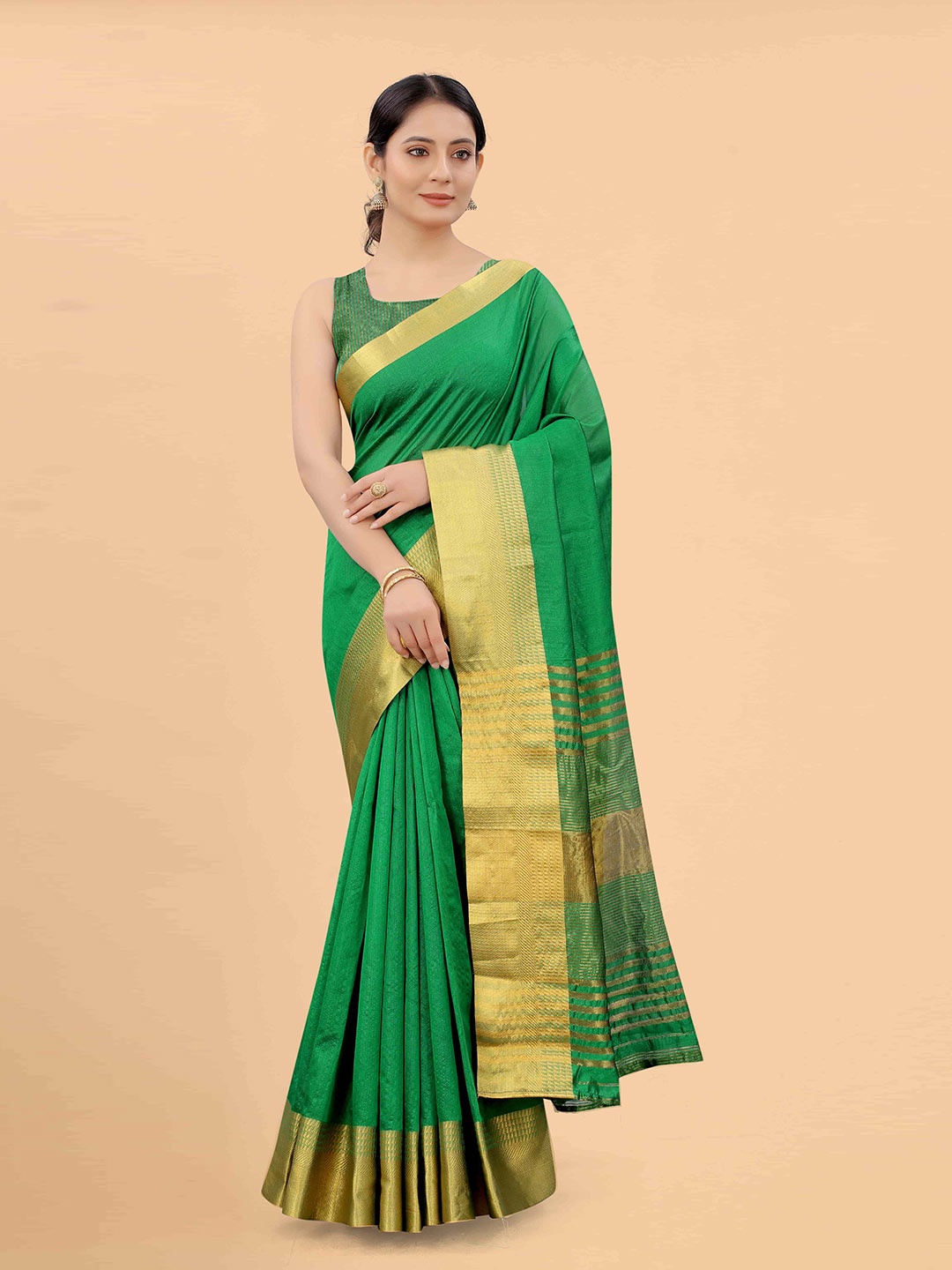 

Silk Land Green & Gold-Toned Zari Silk Blend Fusion Banarasi Saree