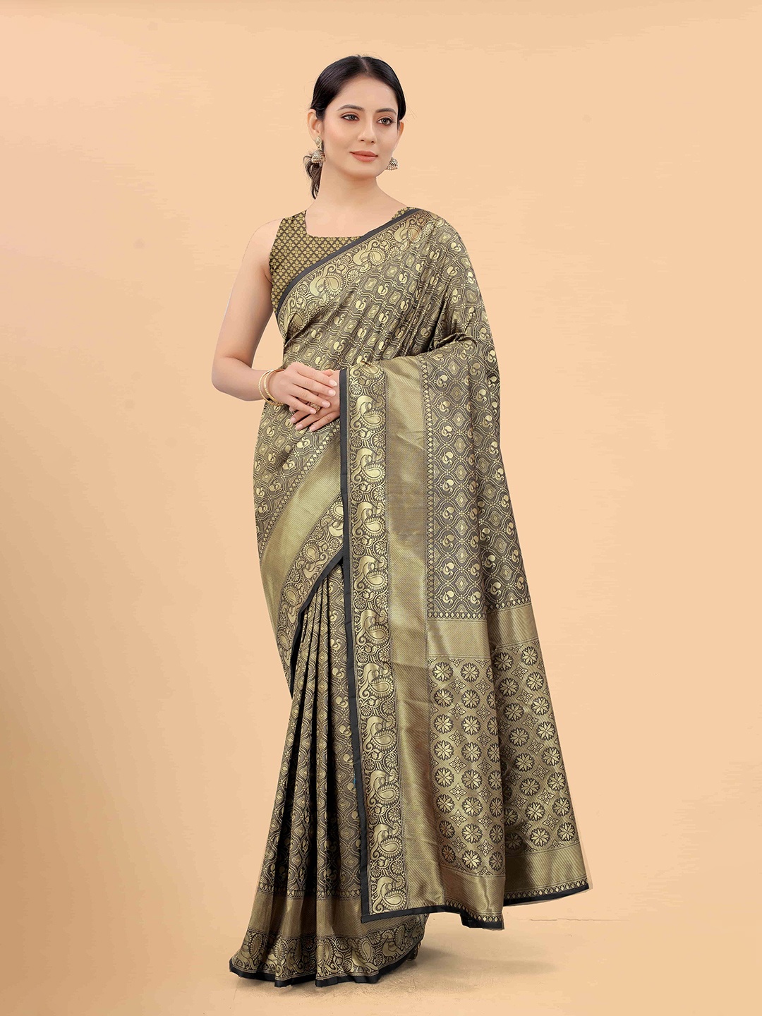 

Silk Land Grey & Gold-Toned Woven Design Zari Pure Silk Banarasi Saree