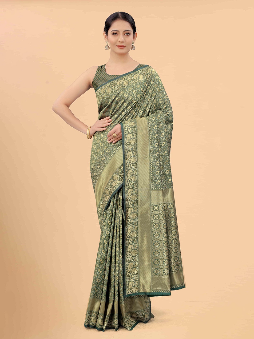 

Silk Land Green & Gold-Toned Woven Design Pure Silk Banarasi Saree