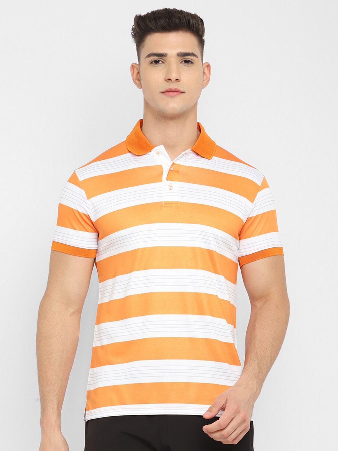 

OFF LIMITS Men White & Orange Striped Polo Collar Antimicrobial T-shirt