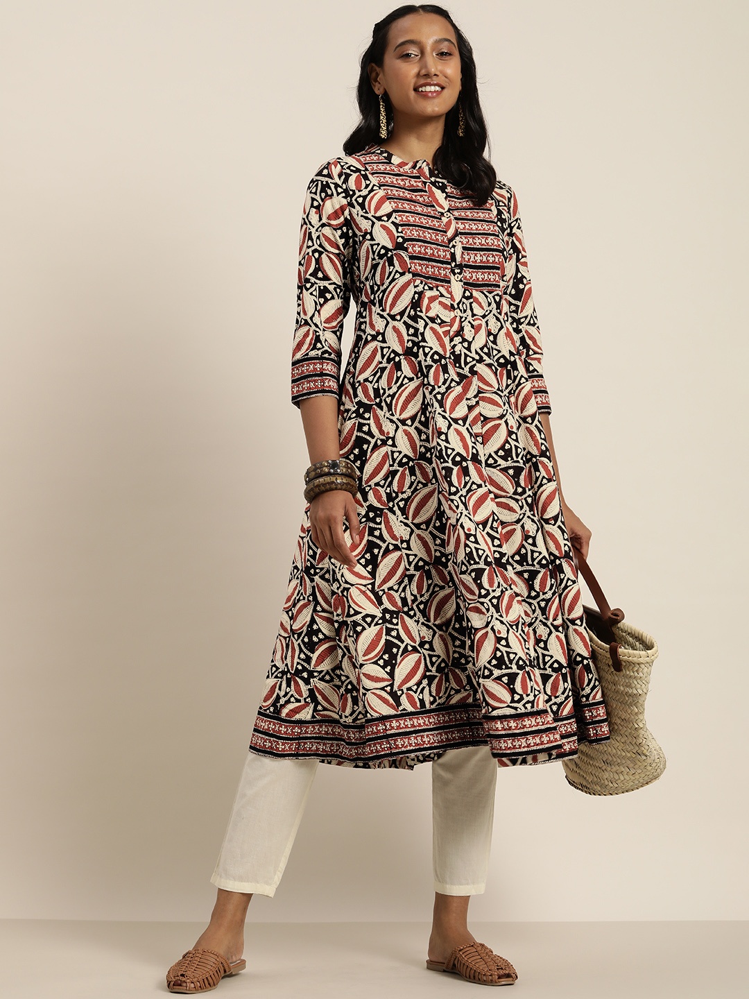 

Taavi Women Black & Red Bagru Hand Block Printed A-Line Kurta