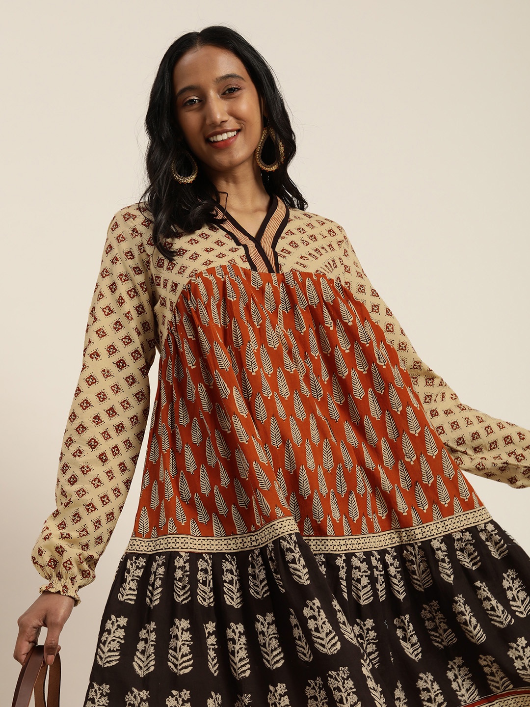 

Taavi Women Beige & Orange Bagru Hand Block Print Sustainable A-Line Dress