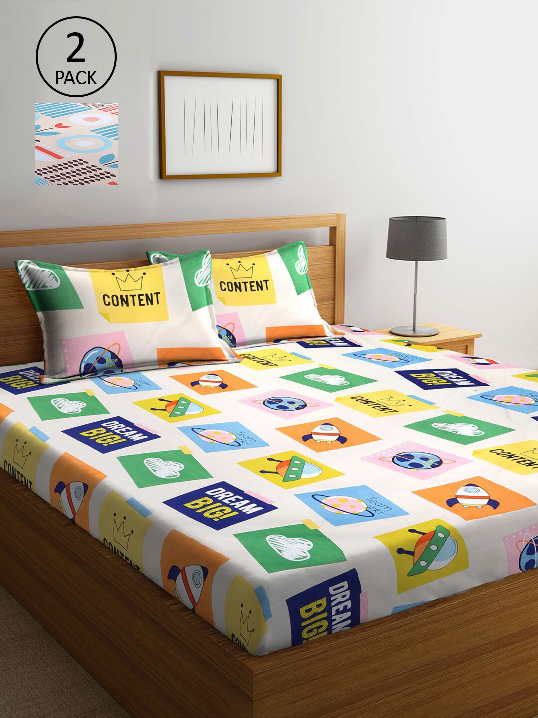 

KLOTTHE White & Blue Cotton Blend 210 TC 2 King Bedsheet with 4 Pillow Covers