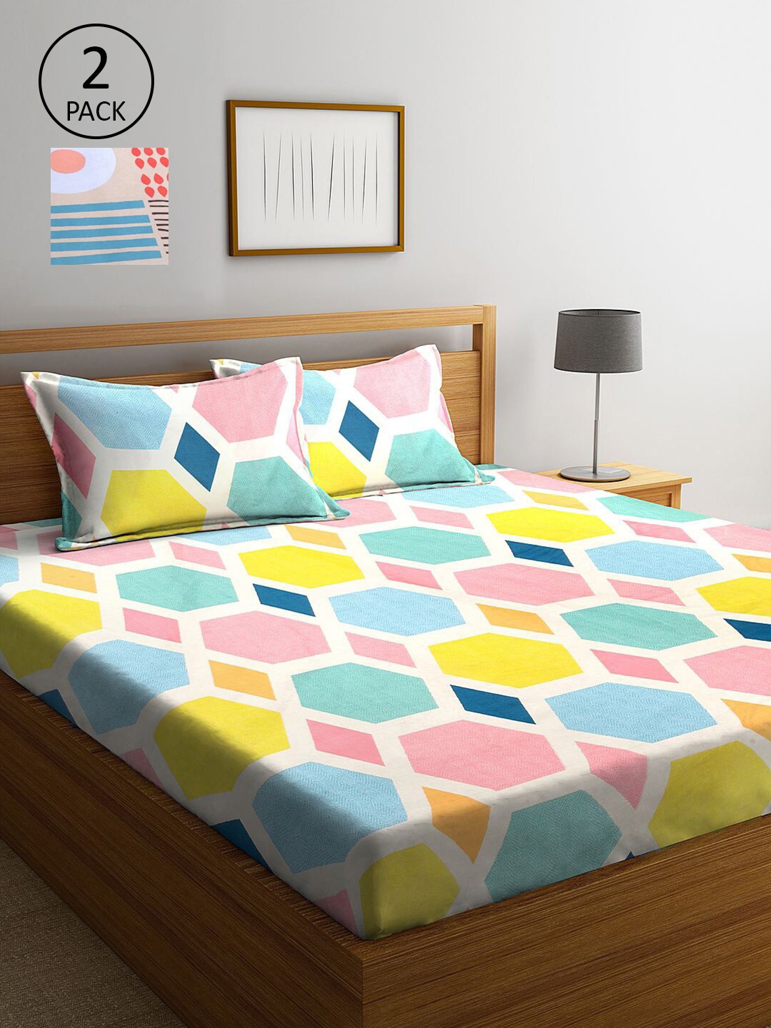 

KLOTTHE Blue & Yellow Geometric 210 TC 2 King Bedsheet with 4 Pillow Covers