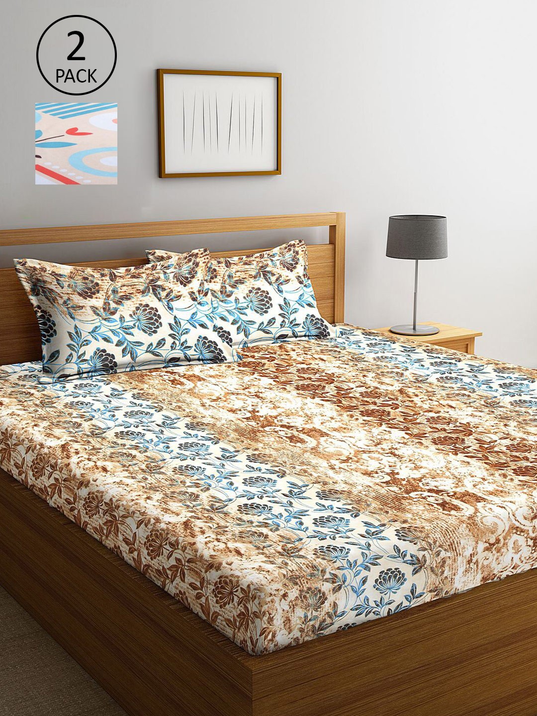 

KLOTTHE Cream & Blue Floral 210 TC 2 King Bedsheet with 4 Pillow Covers