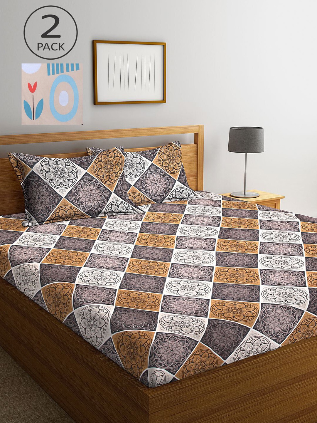 

KLOTTHE Grey & Brown Geometric 210 TC 2 King Bedsheet with 4 Pillow Covers