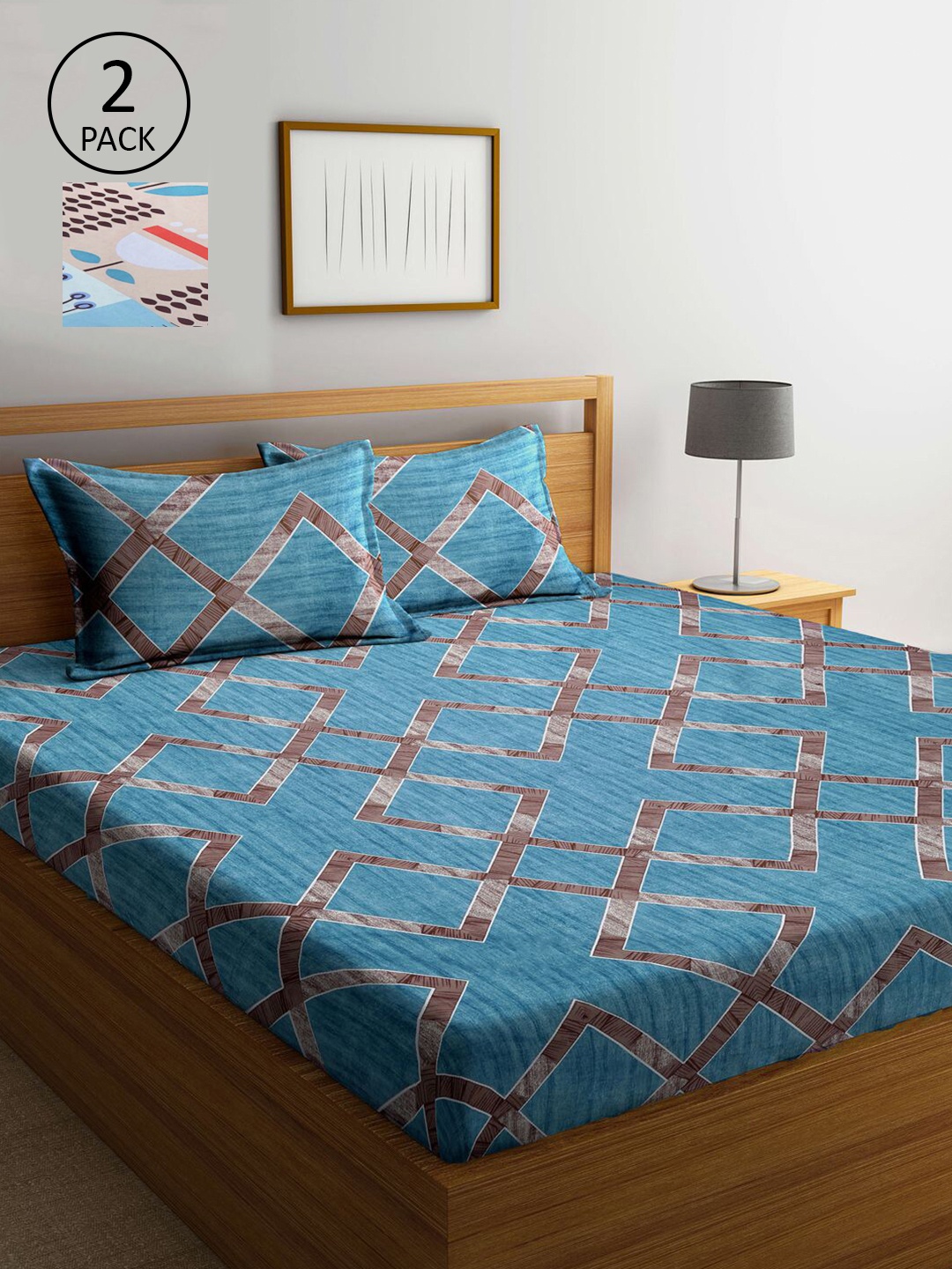 

KLOTTHE Cream-Coloured & Blue Geometric 210 TC 2 King Bedsheet with 4 Pillow Covers