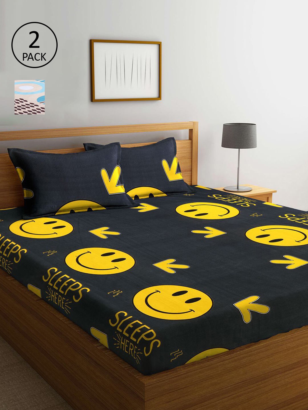 

KLOTTHE Set Of 2 Black & Yellow Printed 210 TC 2 King Bedsheet with 4 Pillow Covers