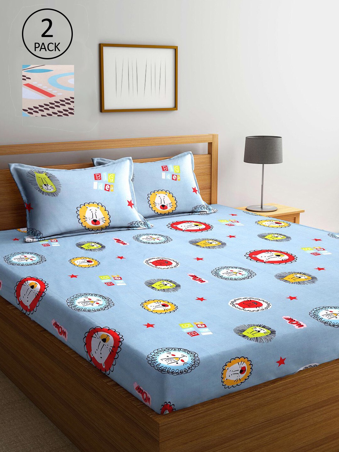 

KLOTTHE Blue & Peach-Coloured Cartoon Characters 210 TC 2 King Bedsheet with 4 Pillow Covers