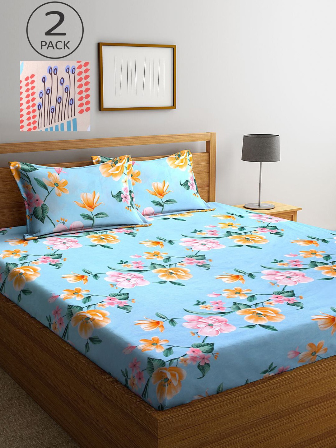 

KLOTTHE Blue & Cream-Coloured Floral 210 TC 2 King Bedsheet with 4 Pillow Covers