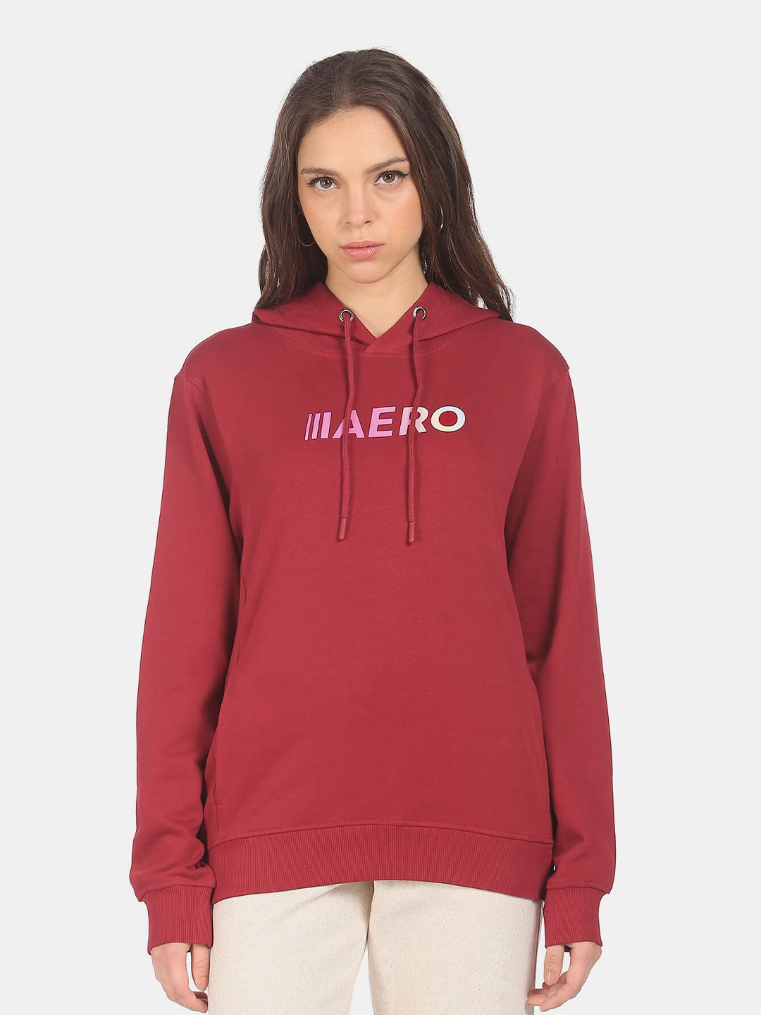 

Aeropostale Women Red Printed Hooded Sweatshirt