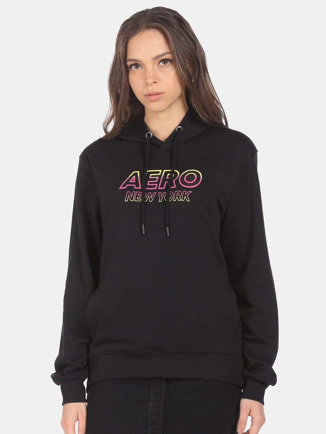 

Aeropostale Women Black Printed Hooded Sweatshirt