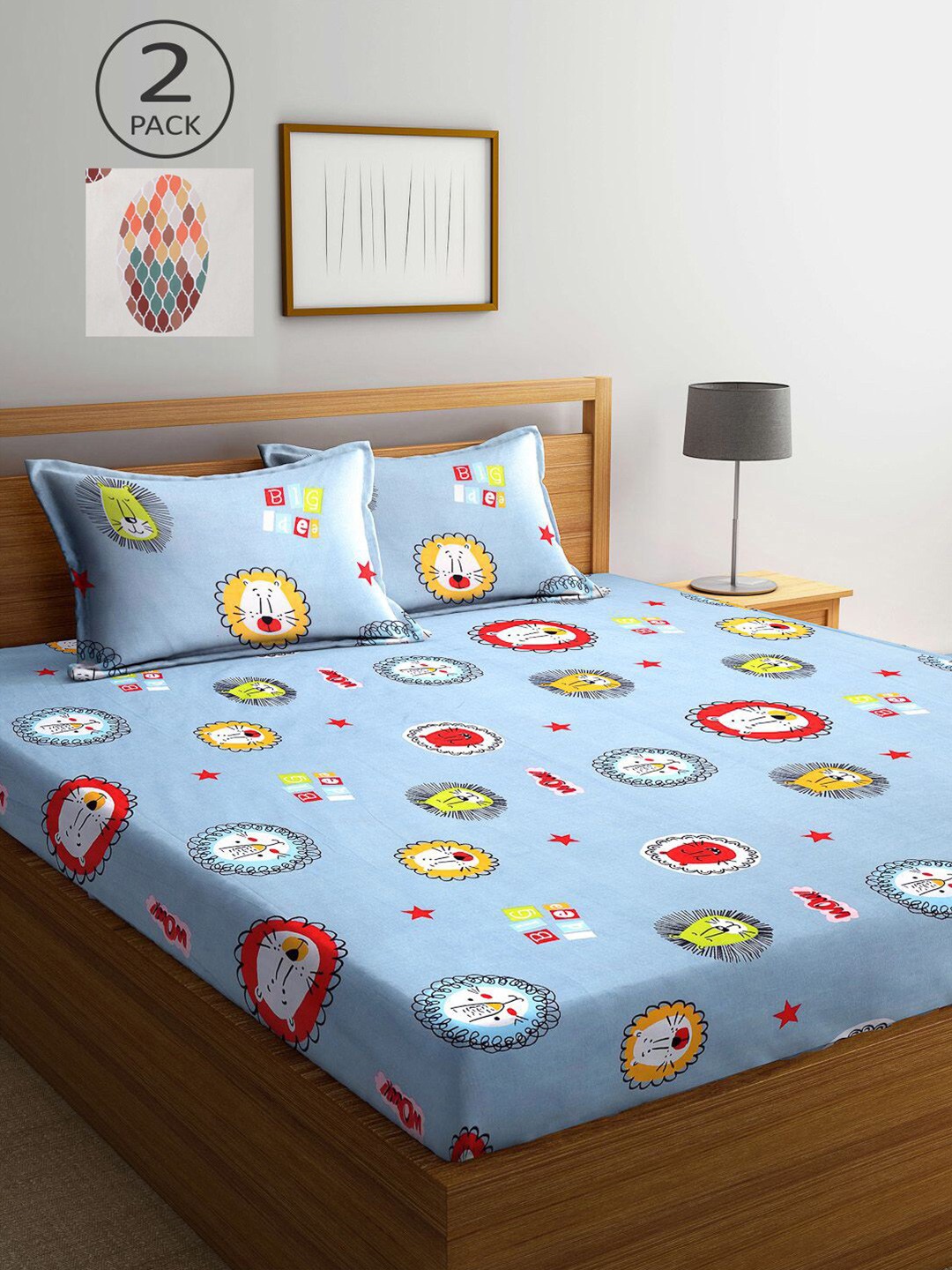 

KLOTTHE Cream & Blue Cartoon Characters 210 TC 2 King Bedsheet with 4 Pillow Covers