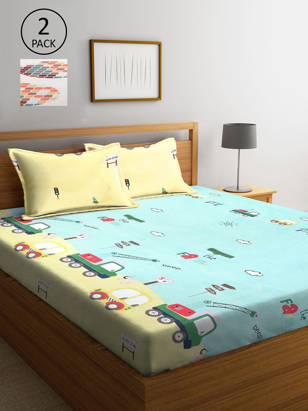 

KLOTTHE Blue & Cream-Coloured Cartoon Characters 210 TC 2 King Bedsheet with 4 Pillow Covers