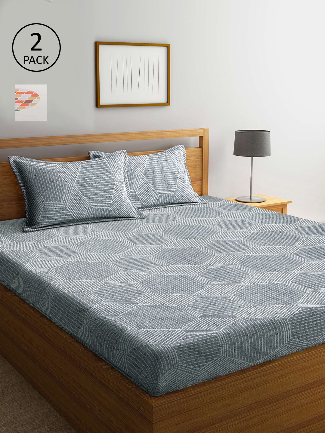 

KLOTTHE Set Of 2 Grey & Cream Geometric 210 TC 2 King Bedsheet with 4 Pillow Covers