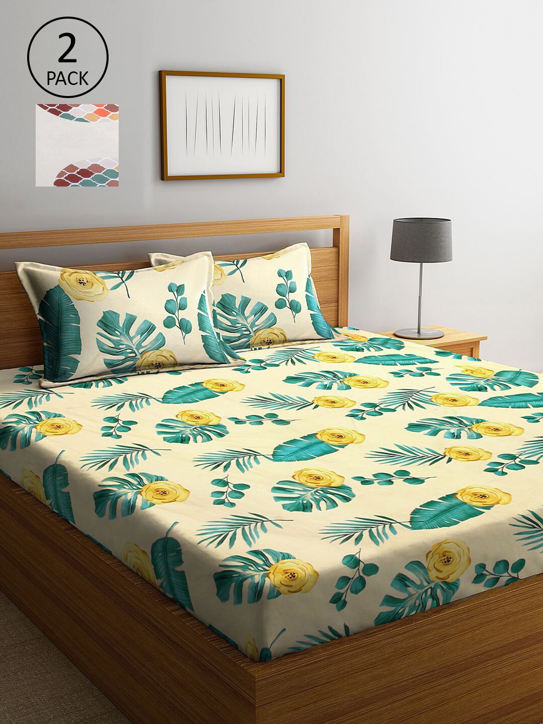 

KLOTTHE Yellow & Green Cotton Blend 210 TC 2 King Bedsheet with 4 Pillow Covers
