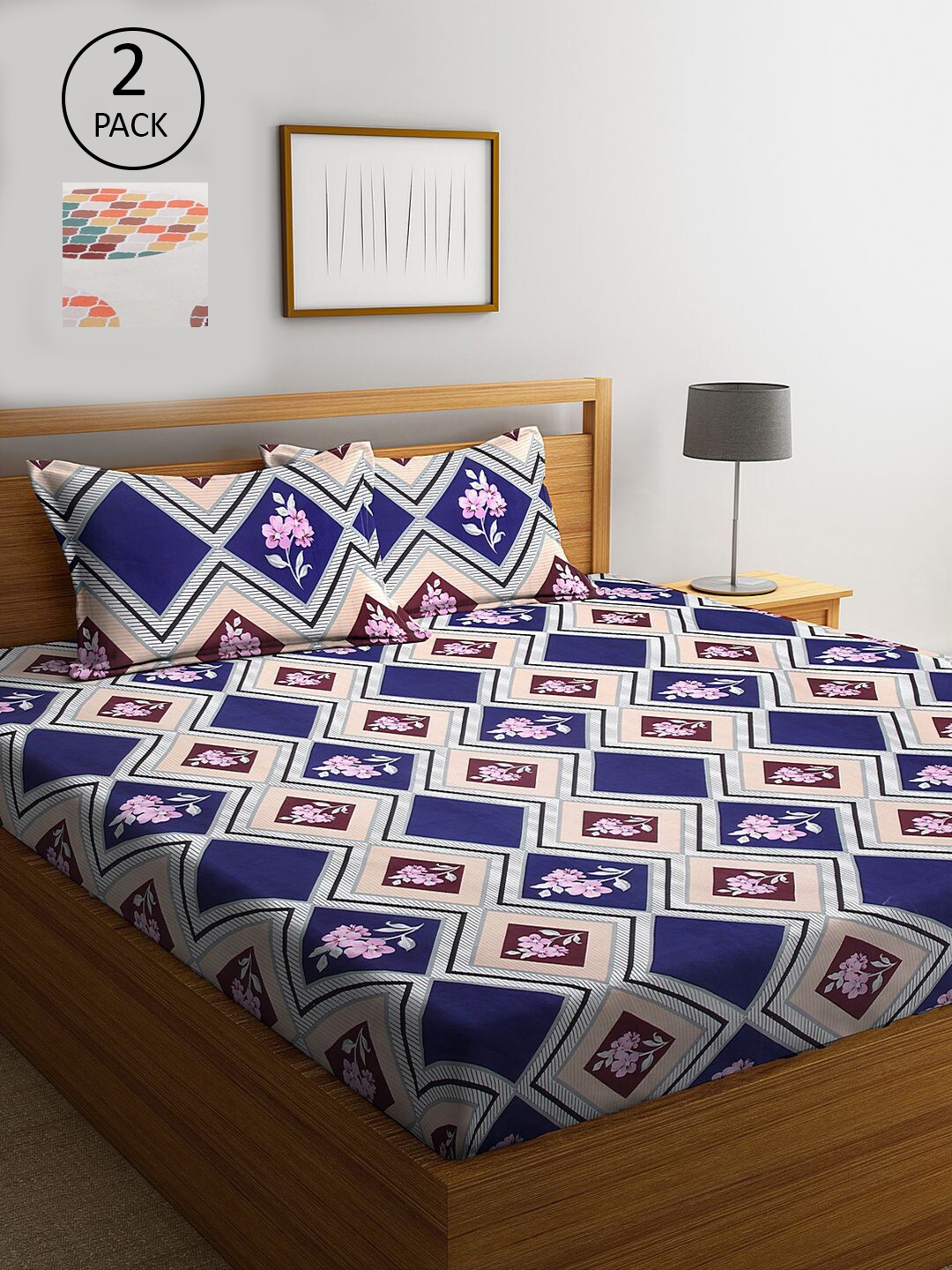 

KLOTTHE Cream-Coloured & Blue Geometric 210 TC 2 King Bedsheet with 4 Pillow Covers